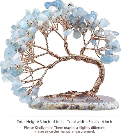 TUMBEELLUWA Reiki Crystal Money Tree with Agate Slice Base Feng Shui Stone Bonsai Tree Figure Decor for Happiness Good Luck and Wealth, Aquamarine