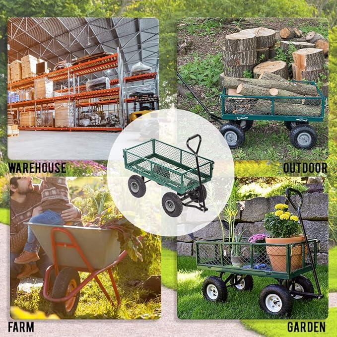 BestMassage Heavy Duty 500 Lbs Capacity Mesh Steel Garden Cart Folding Utility Wagon with Removable Sides for Beach Lawn Yard Landscape (Deep Green)