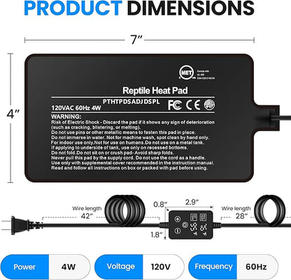 Simple Deluxe 4X7 Inch 4W Reptile Heating Pad with Adjustable Thermostat Under Tank Terrarium Heating Mat for Turtles, Lizards, Frogs, and Other Reptiles