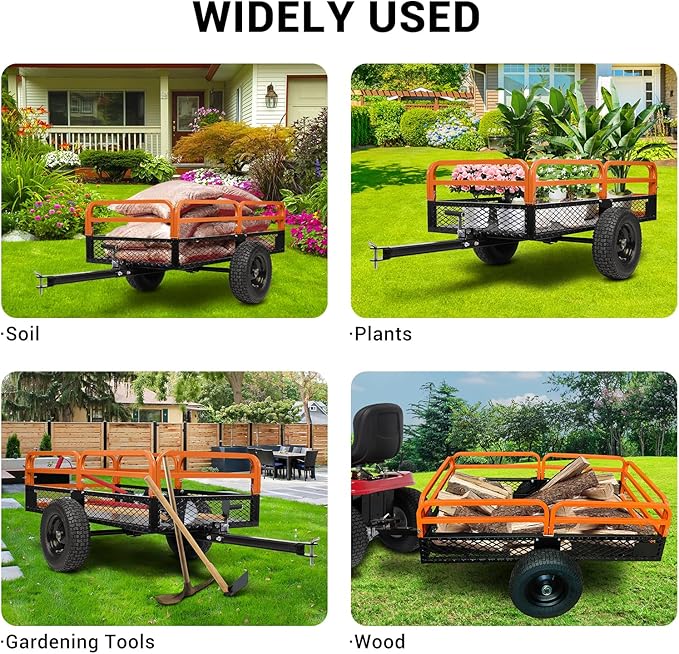 Heavy Duty ATV UTV Trailer Dump Cart 1600 Lbs Capacity 15 Cu Ft Tow Behind Steel Utility Trailer with Removable Sides and All-Terrain Tires for Garden Yard Farm Work Durable and Reliable
