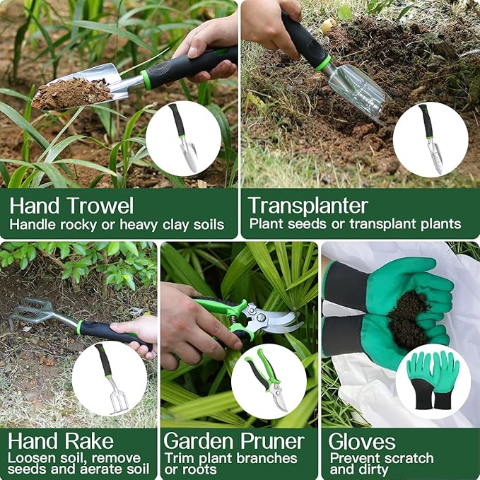 Housolution Gardening Tools Set, 8PCS Heavy Duty Garden Tools with Non-Slip Rubber Grip with Large Garden Bag for Tools Aluminum Alloy Hand Tools for Gardening,Gardening Gifts for Women and Men, Green