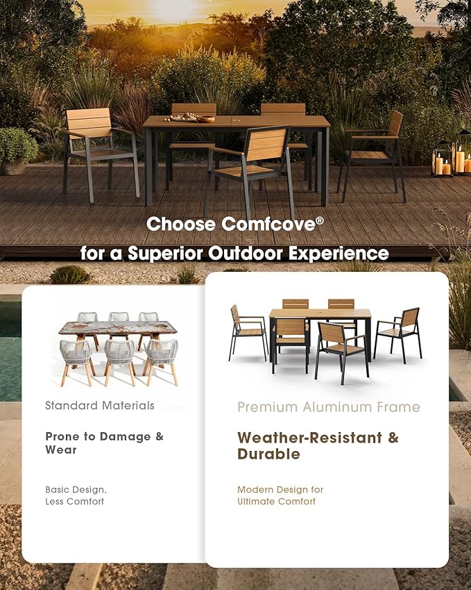 Patio Outdoor Dining Set for 6, Aluminum 7 Piece HDPE Outdoor Table and Chairs Set with Umbrella Hole, Modren Rectangular Patio Furniture Set with All-weather Table and 6 Chairs (Gray & Teak)