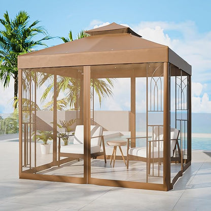 COOS BAY 8x8 Outdoor Patio Gazebo with Netting and Corner Shelves, Two-Tier Soft Top Canopy for Backyard, Lawn, Deck and Garden, Brown