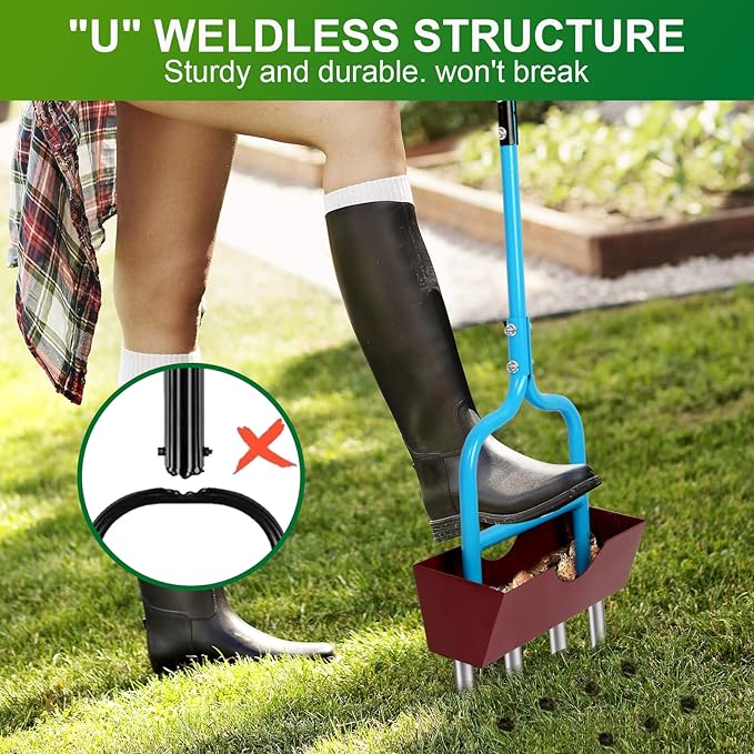 Sancat Lawn Aerator with Larger Soil Core Storage Tray, Heavy Duty 38” Coring Aerator,Manual Rolling Plug Aerator, Gardening Tools with 4 Stainless Tines for Lawn Care