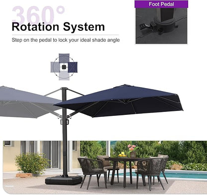 PURPLE LEAF 10 FT Square Patio Umbrella Large Outdoor Aluminum Offset Umbrella with 360-degree Rotation Cantilever Umbrella for Garden Deck Backyard Pool, Navy Blue