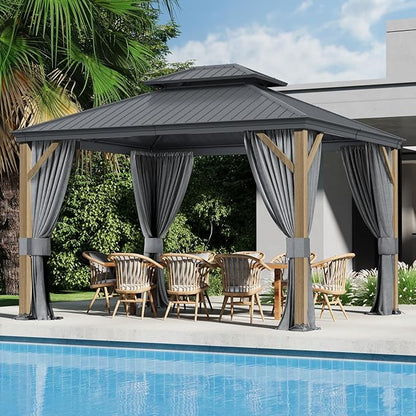 10x 12 Ft Hardtop Gazebo, Outdoor Metal Canopy with Heavy Duty Aluminum Frame, Privacy Curtain and Netting Included, for Patio, Garden, Yard & Lawn