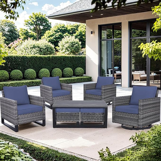 Wicker Patio Furniture Set：7 Piece Outdoor Patio Furniture Set with 2 Swivel Patio Chairs 2 Single Chairs a Coffee Table and 2 Ottomans, Grey Wicker/Blue Cushion