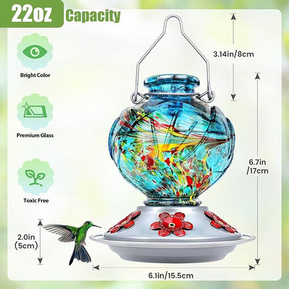 BOLITE Hummingbird Feeder, Hand Blown Glass Hummingbird Feeders for Outdoors Hanging, with Ant Moat and 5 Feeding Ports, 22 Ounces, Peony Flower Shape, Blue, Gifts for Women Men, Gifts for Mom Dad
