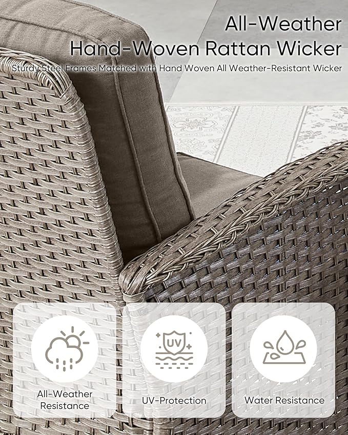 HUMMUH 6 Pieces Patio Furniture Set-Patio Glider Loveseat with Rattan Outdoor Swivel Chairs Outdoor Conversation Furniture Sets for Deck Lawn Porch Balcony Poolside-Grey/Grey