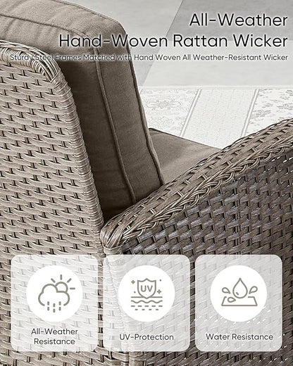 HUMMUH 6 Pieces Patio Furniture Set-Patio Glider Loveseat with Rattan Outdoor Swivel Chairs Outdoor Conversation Furniture Sets for Deck Lawn Porch Balcony Poolside-Grey/Grey