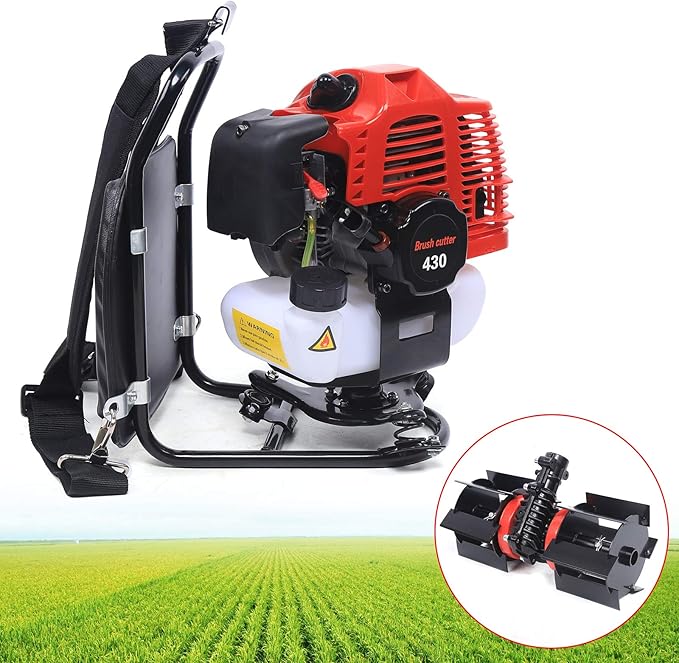 3 in 1 Backpack Brush Cutter Tiller, 43cc 2 Stroke Gas Powered Grass Hedge Trimmer Air-Cooled Single Cylinder Cultivator Lawn Mower for Farmland Weeding, Harvesting, Clearing (Head 1E40F-5)
