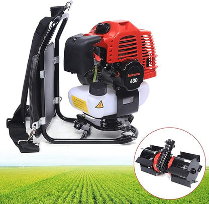 3 in 1 Backpack Brush Cutter Tiller, 43cc 2 Stroke Gas Powered Grass Hedge Trimmer Air-Cooled Single Cylinder Cultivator Lawn Mower for Farmland Weeding, Harvesting, Clearing (Head 1E40F-5)