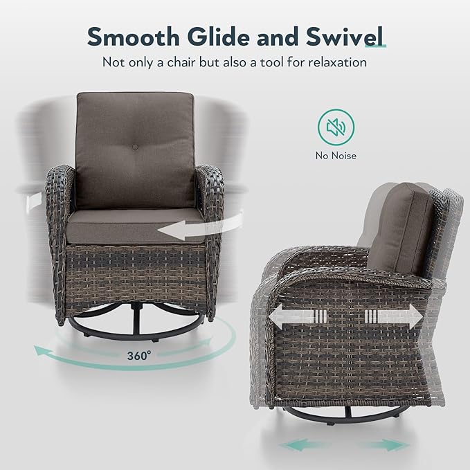 7 Piece Patio Furniture Set - Wicker Patio Conversation Set with Swivel Glider, Glider Loveseat, Tempered Glass Side Table and 2 Ottomans for Deck Backyard - Brown Wicker Grey Cushion