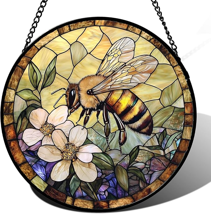 Stained Glass Window Hanging, Vintage Bee Yellow Flower Sun Catcher for Window Door Home Decor Suncatcher Christmas Mother's Day Birthday Gifts for Women Men Mom and Nana 7.8 in