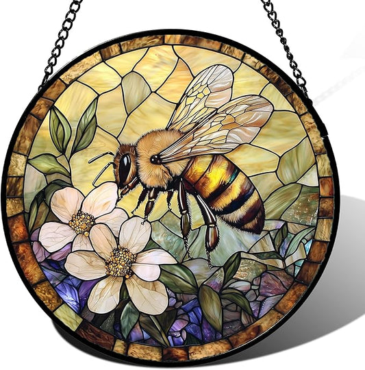Stained Glass Window Hanging, Vintage Bee Yellow Flower Sun Catcher for Window Door Home Decor Suncatcher Christmas Mother's Day Birthday Gifts for Women Men Mom and Nana 7.8 in