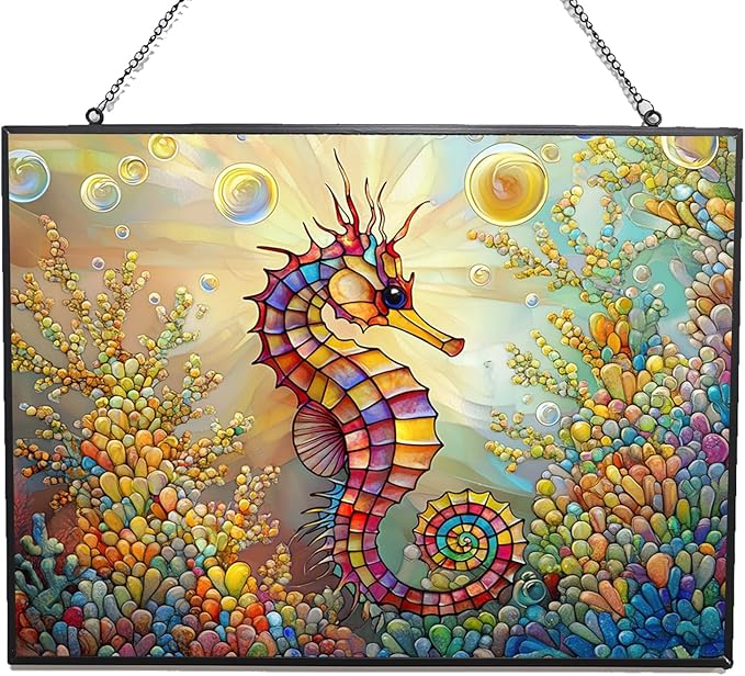 Personalized Rectangle Rainbow Seahorse Suncatcher Stained Glass Stained Glass Window Hanging Home Decor Garden Halloween Christmas Wedding Housewarming Gifts