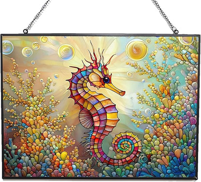 Personalized Rectangle Rainbow Seahorse Suncatcher Stained Glass Stained Glass Window Hanging Home Decor Garden Halloween Christmas Wedding Housewarming Gifts
