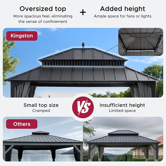 SUNJOY Kingston 14' x 12' Hardtop Gazebo with Galvanized Steel Double Roof, Curtain and Netting, Gray Aluminum Posts Permanent Pavilion Gazebo for Garden, Patio, Deck, Lawn