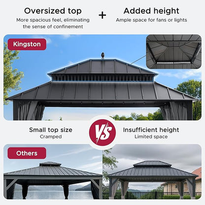 SUNJOY Kingston 14' x 12' Hardtop Gazebo with Galvanized Steel Double Roof, Curtain and Netting, Gray Aluminum Posts Permanent Pavilion Gazebo for Garden, Patio, Deck, Lawn