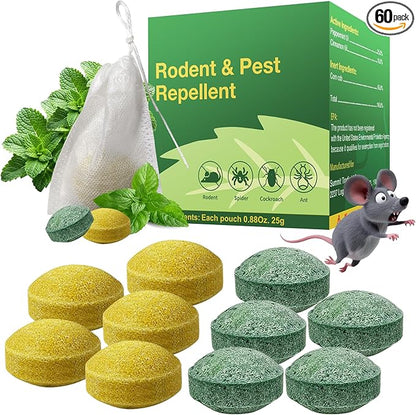 Rodent Repellent with Peppermint Oil – Mouse & Squirrel Deterrent for Car Engines, Garage, Attic – Rat/Mole/Mice Repellent – Indoor Outdoor Use – Alternative to Mouse Trap & Moth Balls.(60 Pack)
