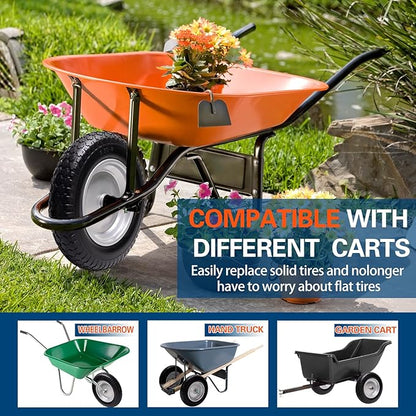 4.80/4.00-8 Tire, 14.5" Flat Free Wheelbarrow Tire and Wheel, 5/8" 3/4" Bearings Solid Replacement Tires, 3" -7" Centered Hub, Universal Fit 3.50/3.00-8, 4.00-6 Trolley Dolly Go Kar, 1 Pack