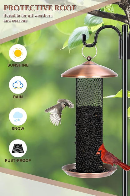 Gtongoko Bird Feeder for Outside, Metal Mesh Tube Bird Feeders 2.5 lbs for Sunflower Seeds or Mealworm, Large Capacity, Copper, 1 Pack