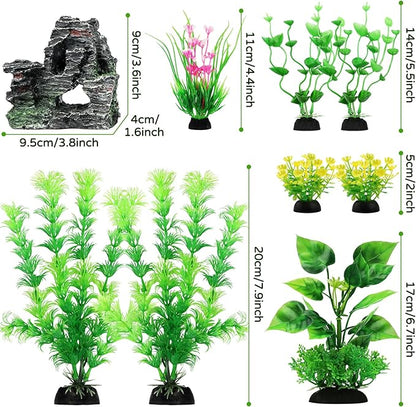 Fish Tank Accessories Artificial Plants, 9pcs Green Aquarium Decorations Plants and Cave Rock Decor Set, Aquarium Decor Plastic Plants