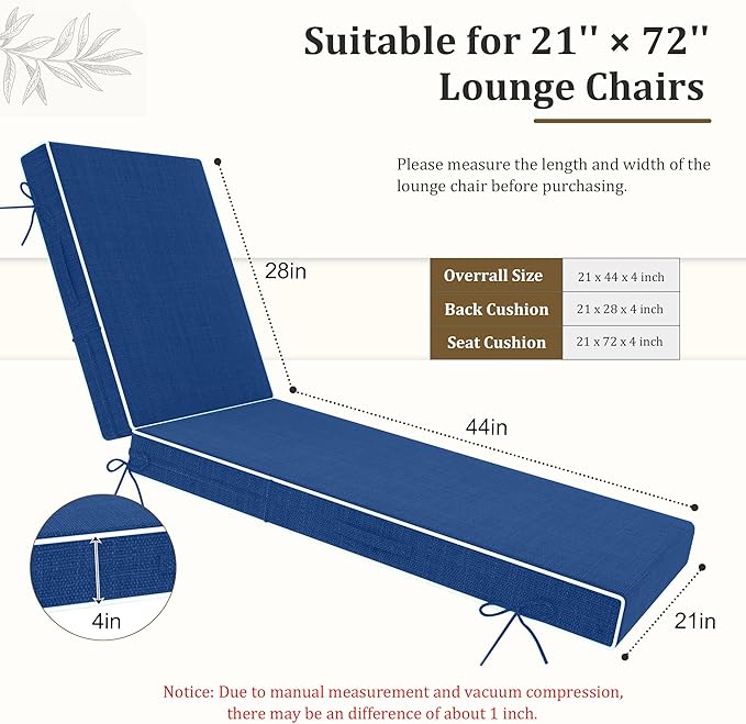 Chaise Lounge Cushions Outdoor Furniture 72 x 21 Inch Olefin Patio Lounge Chair Cushions 4'' Thick Waterproof Outdoor Chaise Cushion Weather Resistant Pool Lounger Cushion (Blue)