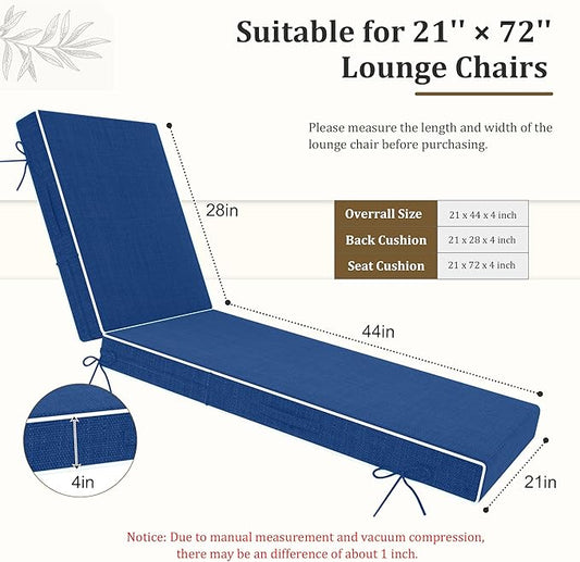 Chaise Lounge Cushions Outdoor Furniture 72 x 21 Inch Olefin Patio Lounge Chair Cushions 4'' Thick Waterproof Outdoor Chaise Cushion Weather Resistant Pool Lounger Cushion (Blue)