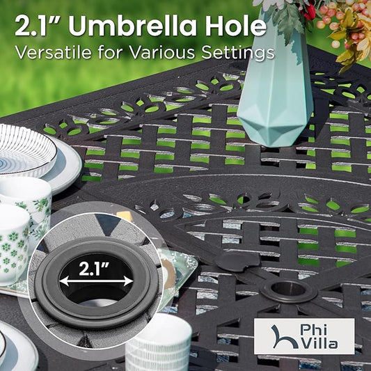 PHI VILLA 9-Piece Cast Aluminum Outdoor Dining Set for 8, Square Metal Dining Table with Umbrella Hole & Cushioned Wicker Rattan Chairs
