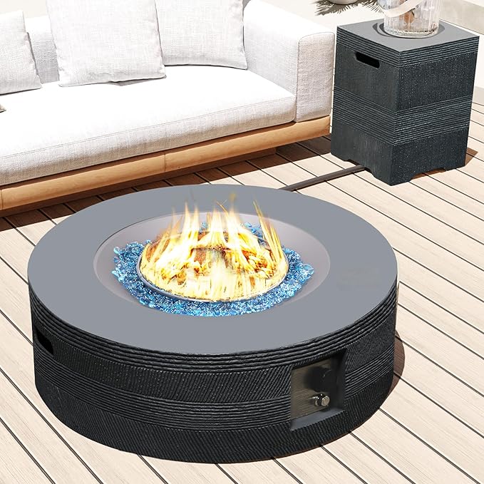 UPHA 42-inch Outdoor Propane Gas Fire Pit Table 50000 BTU Concrete Round FirePit for Outside Patio with Propane Tank Cover, Navyblue Fire Glass, Rain Cover, Grey Texture