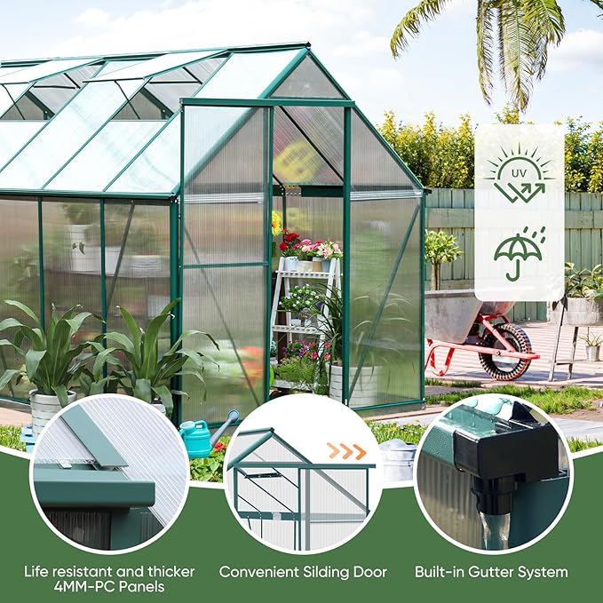 CDCASA 10x6 FT Outdoor Greenhouse, Aluminum Heavy Duty Polycarbonate Greenhouses w/Vent Window, Swing Door, Walk-in Green House for Outside, Backyard