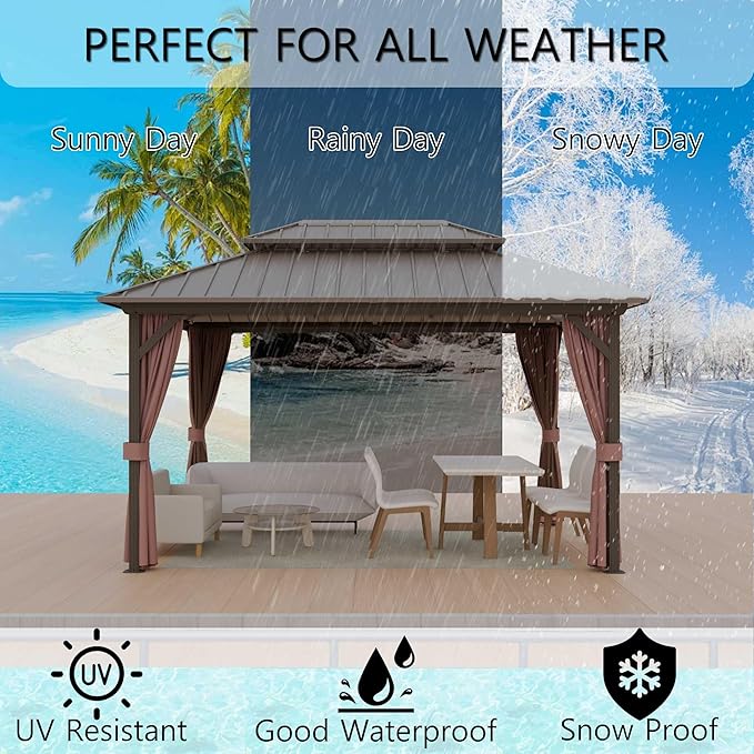 12'x14' Hardtop Gazebo, Outdoor Aluminum Frame Galvanized Steel Double Roof Pavilion with Netting and Shaded Curtains, Permanent Metal Pergolas for Patio, Backyard, Deck and Lawns.