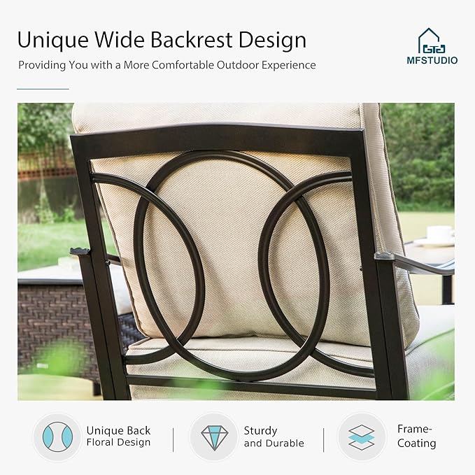 MFSTUDIO 6 PCS Outdoor Patio Furniture Set, Metal Outdoor Conversation Set, Rattan Wicker Patio Sectional Sofa Set with 2 x Rocking Single Sofa, 3-Seat Sofa, 2 x Ottoman, 1 x Coffee Table, Beige