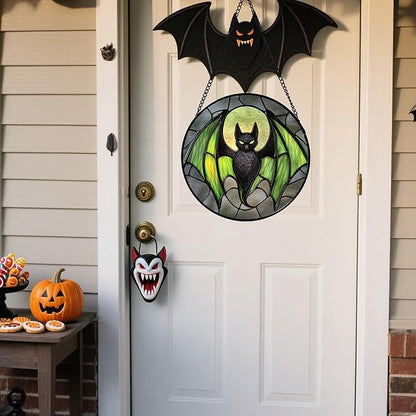Stained Glass Window Hanging - Halloween Black Bat Green Wings Monster Suncatcher for Doors Garden Home Spooky Sun Catchers Gothic Decor Horror Gift for Women Men Friend Boy Girl 6.3 in