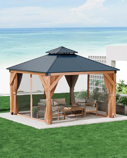 GAOMON Hardtop Spruce Wood Gazebo 12'x12', with Double Roof of Metal Sheets, 4.7'' Heavy Duty Poles, Net, and Curtain, Permanent Building for Patio, Deck, Backyard, Lawn, and Garden, Khaki