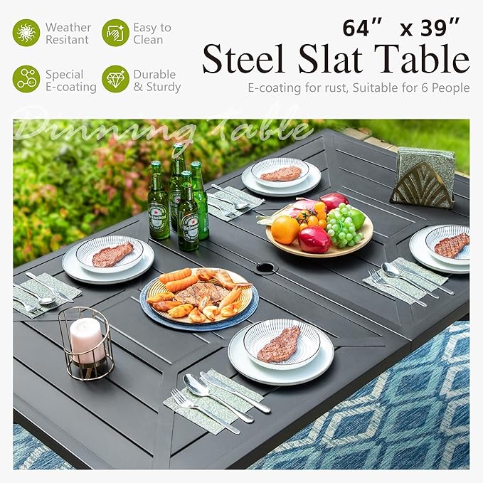 Sophia & William 64" Large Outdoor Dining Table, Rectangular Metal Patio Table for 6, E-Coating Weather-Resistant Dining Table with 1.77" Umbrella Hole for Garden Porch, Black
