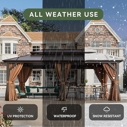 Aoxun 12'x20' Hardtop Gazebo, Aluminum Frame Permanent Pavilion with Netting and Curtains, Outdoor Polycarbonate Double Roof Canopy, Designed for Lawn, Garden, Patio (Khaki)