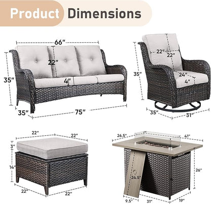 Wicker Outdoor Conversation Se with 50,000 BTU Gas Propane Fire Pit Tablet-6 Pieces Outdoor Wicker High Back Couch Patio Furniture for Deck Poolside Backyard
