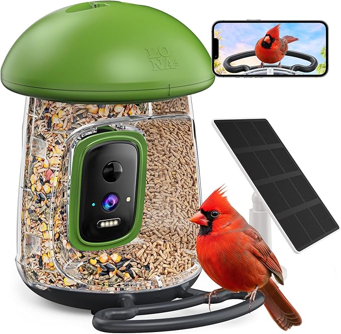 LONA Smart Bird Feeder with Camera, Dual-Lens, Solar-Powered, Wireless Birdwatching, Permanent AI Identify 10000+ Bird Species & Motion Detection, Gift Present
