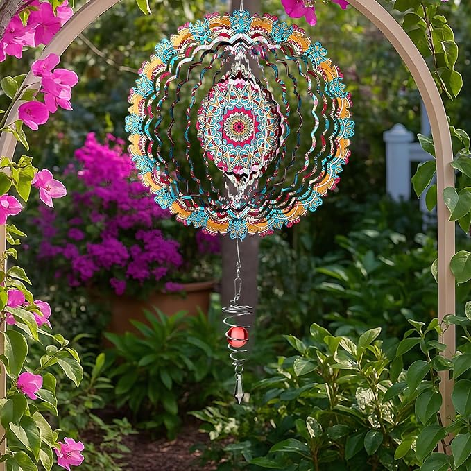 12 Inch Mandala Wind Spinners with Gazing Ball Spiral Tail, Outdoor 3D Stainless Steel Hanging Spinner Mandala Wind Catchers Sculpture for Indoor Outdoor Garden Yard Decoration (Flower)