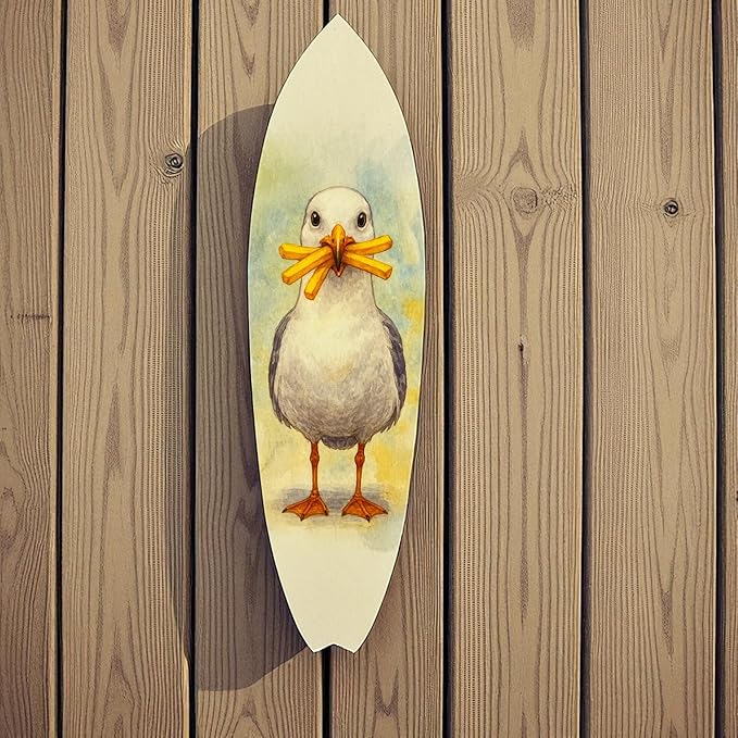 JennyGems Funny Seagull Surfboard Wall Art – Coastal Beach Decor, Seagull with Fries, Outdoor PVC Surfboard Sign (4 Foot)