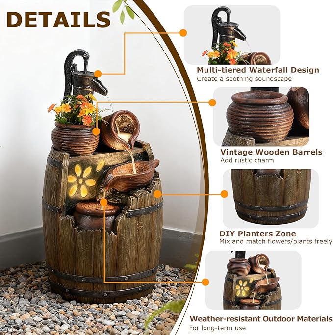 Water Fountain Outdoor Rustic Barrel,4 Tiered Wood Barrel Cascading Water Fall Fountains Outside Feature with LED Lights for Garden, Patio, Porch, Backyard Decor 14.6" L x 14.6" W x 29" H