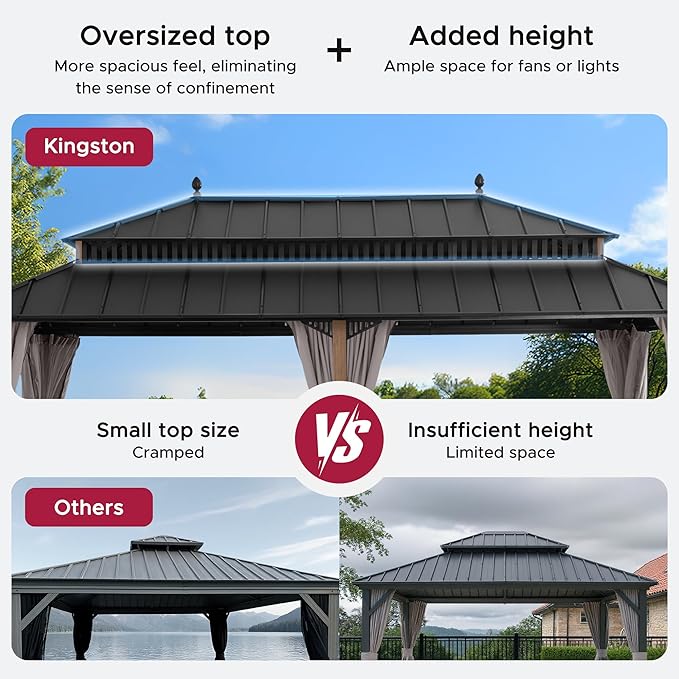 SUNJOY Kingston 20' x 12' Hardtop Gazebo with Galvanized Steel Double Roof, Curtain and Netting, Woodgrain Finish Aluminum Posts Permanent Pavilion Gazebo for Garden, Patio, Deck, Lawn