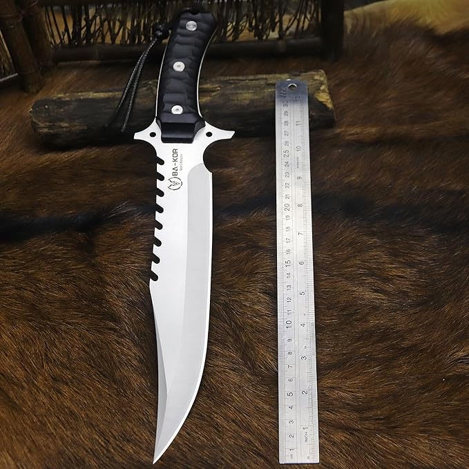 BA-KOR (15.8 inches) 5mm full Tang 9CR18MOV steel nylon fiber handle Bowie knife + sheath + (5.9 inches) cerium element striker, suitable for outdoor hunting, camping, survival, and daily carry of tools. (Sanding (full edge))