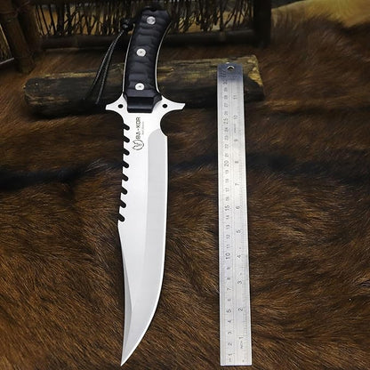 BA-KOR (15.8 inches) 5mm full Tang 9CR18MOV steel nylon fiber handle Bowie knife + sheath + (5.9 inches) cerium element striker, suitable for outdoor hunting, camping, survival, and daily carry of tools. (Sanding (full edge))