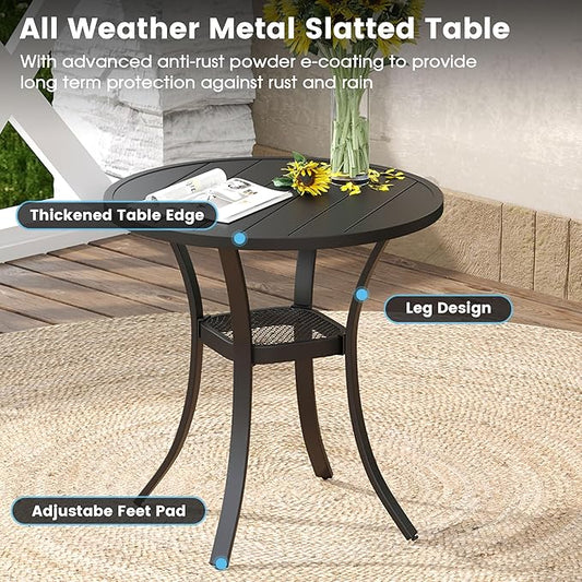 DIFY 3 Pieces Outdoor Patio Bistro Dining Set, 2 Blue Textilene Swivel Dining Chairs and 27.6" Black Small Round Dining Table, Outdoor Table and Chairs