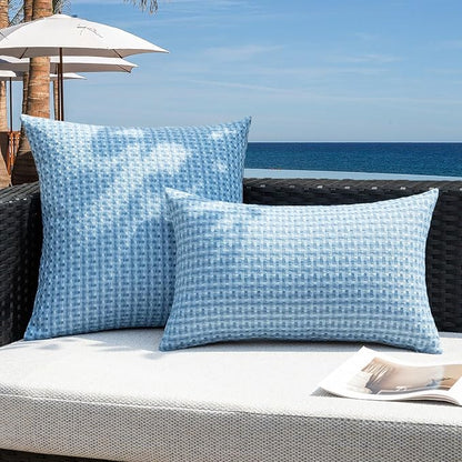 Kevin Textile Outdoor Waterproof Throw Pillow Covers Pack of 2 Farmhouse Decorative Cushion Covers for Garden Patio Tent Balcony Bench Couch Sofa 22x22 Inch, Light Blue