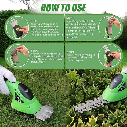 Lichamp 2-in-1 Electric Hand Held Grass Shear Hedge Trimmer Shrubbery Clipper Cordless Battery Powered Rechargeable for Garden and Lawn, CGS-3602 Grass Green