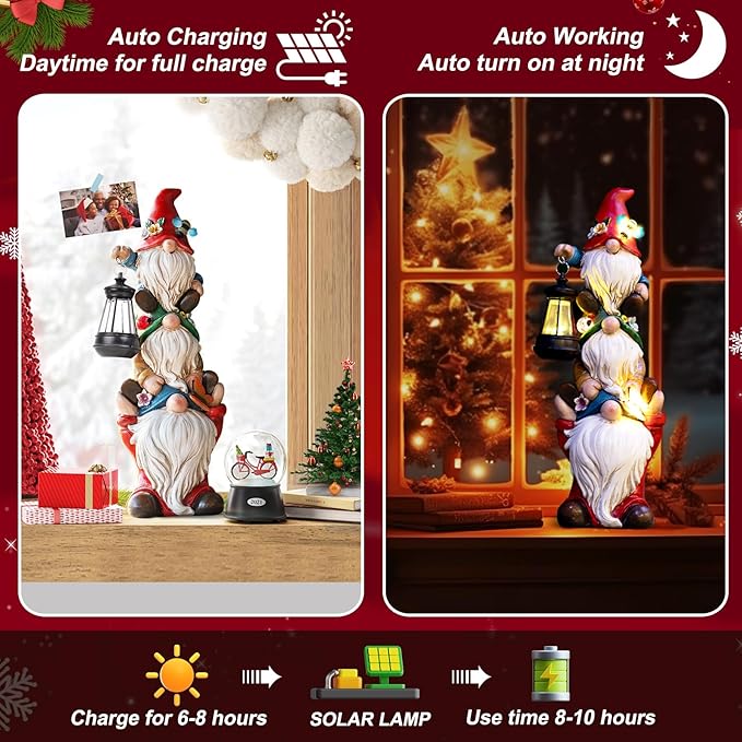 Mom Christmas Gnome Statue with Solar Lights Garden Sculptures Funny Triple Gnome Outdoor Patio Lawn Yard Balcony Home Decor Birthday Gifts for Woman Grandma 12 in Thanksgiving Gnome